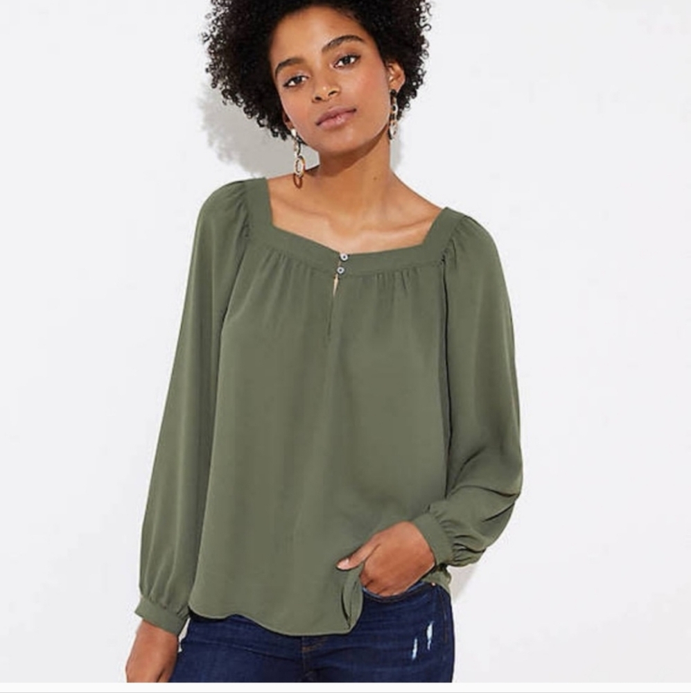 Loft Women's Military Green Square Neckline Longโ Sleeve Blouse Small